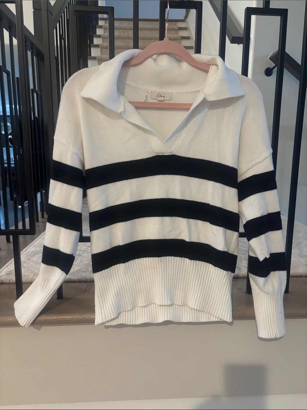 Elan Cream & Black Striped V-Neck Collared Sweater